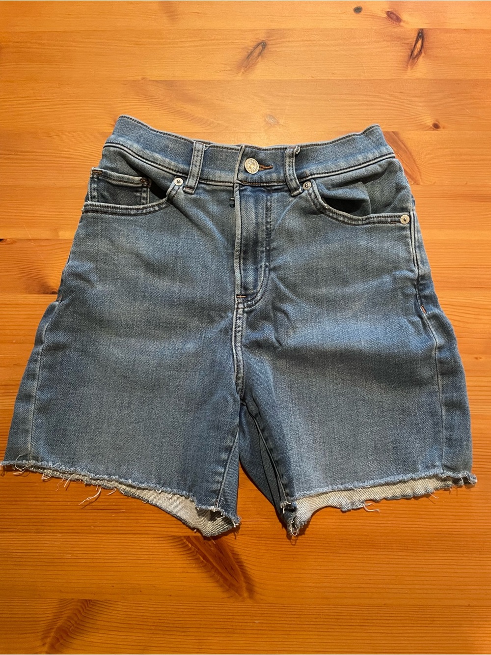 Express Women's Medium Blue Frayed Hem Denim Shorts